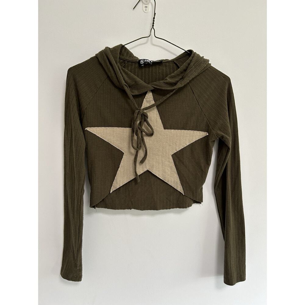 The Kript Star Cropped Tee Top Hood Long Sleeve Ribbed Grunge Goth Emo XS Womens
